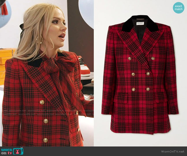 Double-Breasted Velvet-Trimmed Checked Wool Blazer by Saint Laurent worn by Angie Harrington on RHOSLC