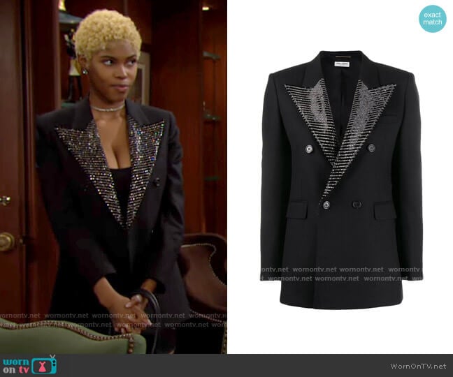 Saint Laurent Embellished Lapel Blazer  worn by Paris Buckingham (Diamond White) on The Bold and the Beautiful