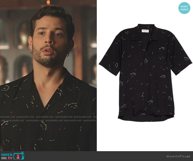 Heart Logo Print Short Sleeve Button-Up Camp Shirt by Saint Laurent worn by Sam Flores (Rafael de la Fuente) on Dynasty