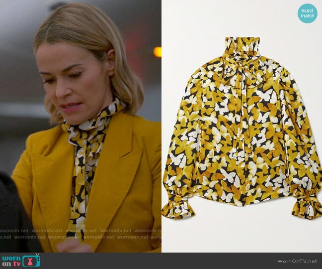 Saint Laurent Butterfly-Print Tie-Neck Silk Jacquard Blouse worn by Alice Pieszecki (Leisha Hailey) on The L Word Generation Q