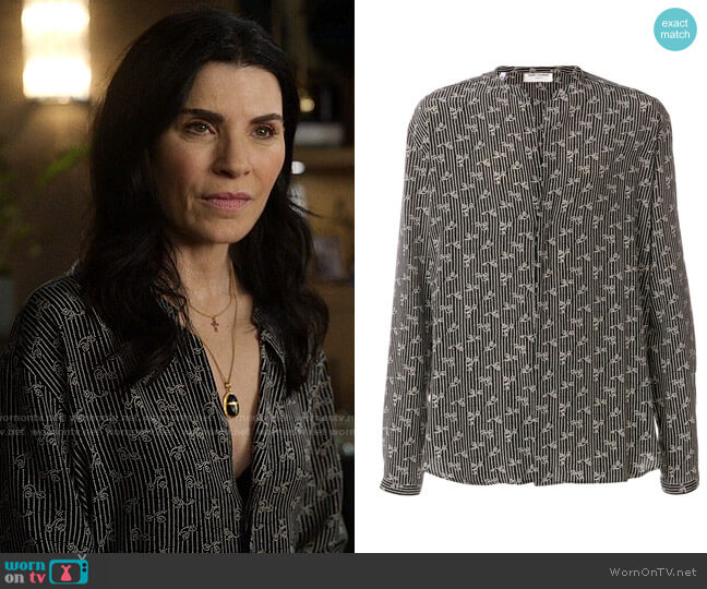 Saint Laurent Tunisian Collar Paisley Print Shirt worn by Laura Peterson (Julianna Margulies) on The Morning Show