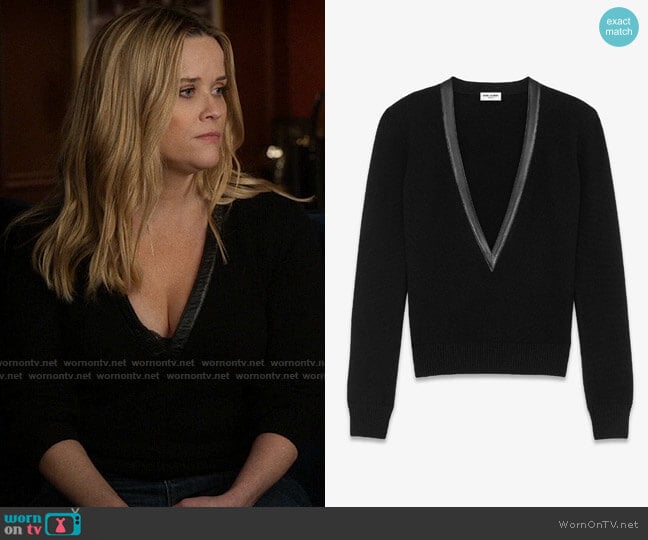 Saint Laurent Leather Trim Sweater worn by Bradley Jackson (Reese Witherspoon) on The Morning Show