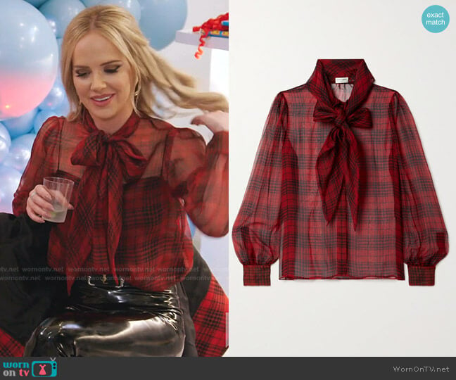 Semi-Sheer Bow-Detail Silk Blouse by Saint Laurent worn by Angie Harrington on RHOSLC