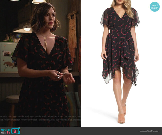 Feather Print Handkerchief Hem Dress by Sam Edelman worn by Sarah (Caitlin McGee) on Home Economics