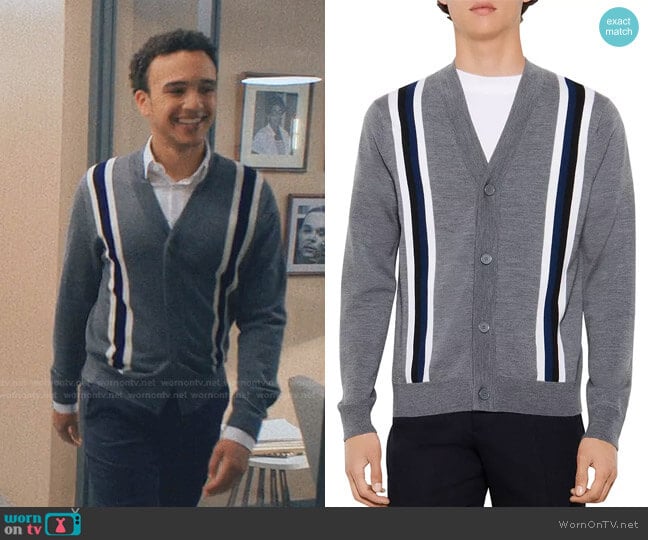 College Wool Striped Button Cardigan by Sandro worn by Freddie (Hayward Leach) on Love Life