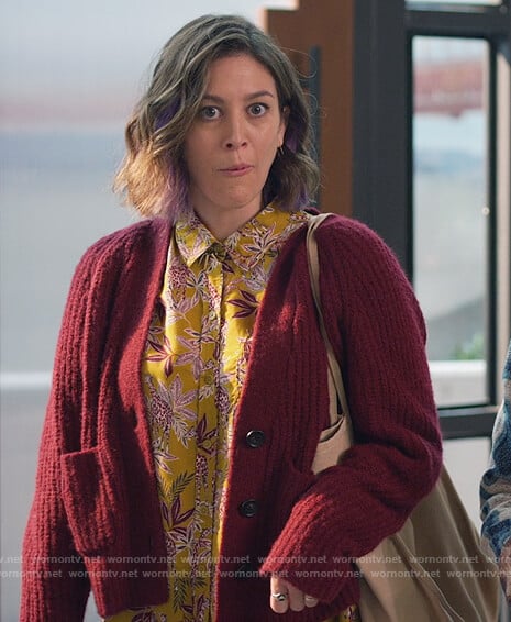 Sarah’s burgundy knit cardigan on Home Economics