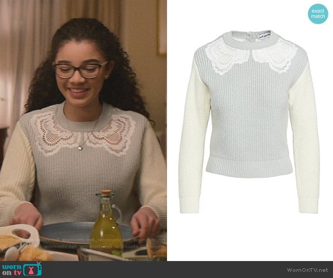 Guipure Sweater by Self Portrait worn by Mary-Anne Spier (Malia Baker) on The Baby-Sitters Club