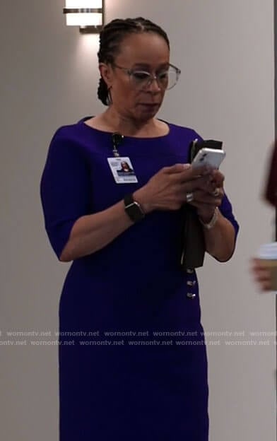 Sharon’s purple sheath dress on Chicago Med