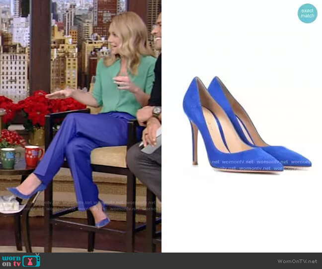 Suede Pumps by by Gianvito Rossi worn by Kelly Ripa on Live with Kelly and Mark