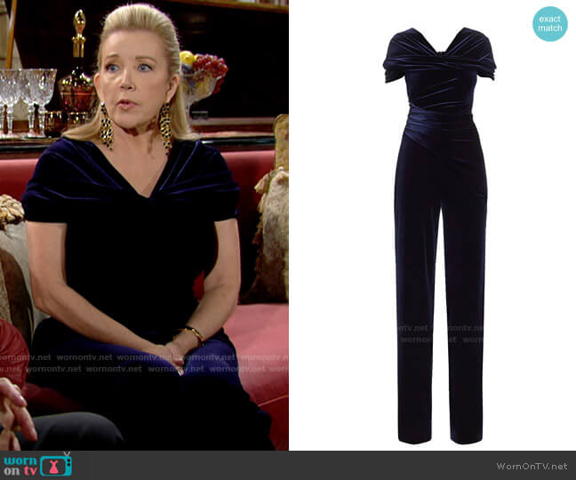 Talbot Runhof Stretch Velvet Jumpsuit worn by Nikki Reed Newman (Melody Thomas-Scott) on The Young and the Restless