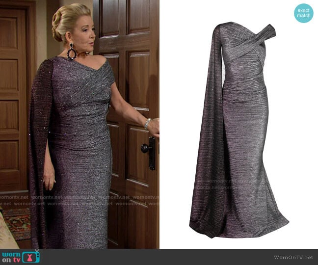 Talbot Runhof One Shoulder Metallic Cape Dress worn by Nikki Reed Newman (Melody Thomas-Scott) on The Young and the Restless