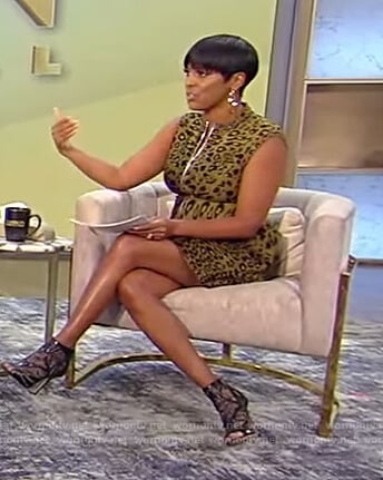 Tamron’s green leopard print dress on Tamron Hall Show