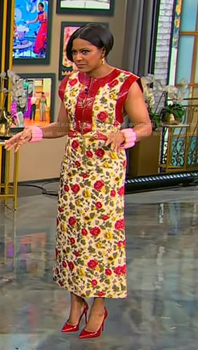 Tamron's floral chain detail dress on Tamron Hall Show