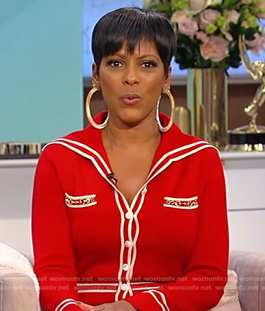 Tamron’s red button down dress on Tamron Hall Show