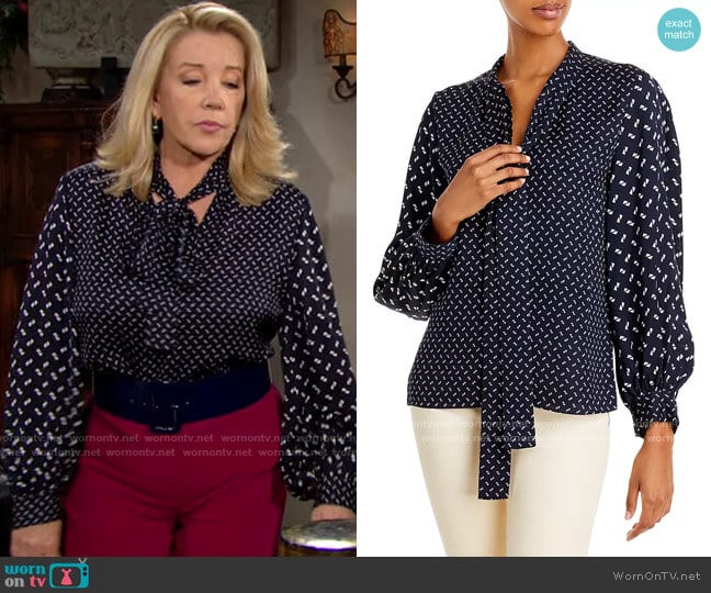 Theory Printed Tie Neck Top worn by Nikki Reed Newman (Melody Thomas-Scott) on The Young and the Restless