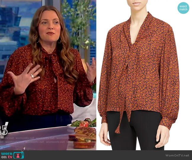 Printed Tie Neck Silk Top by Theory worn by Drew Barrymore on The View