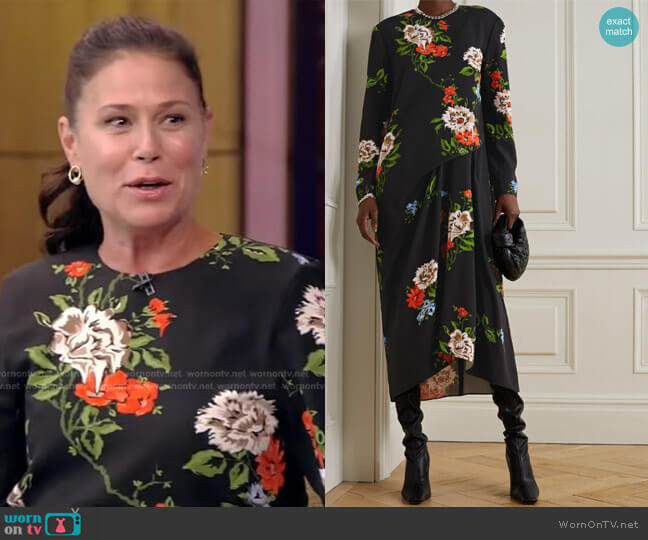 Quinn Gathered Floral-Print Crepe Midi Dress by Tibi worn by Maura Tierney on Live with Kelly and Ryan