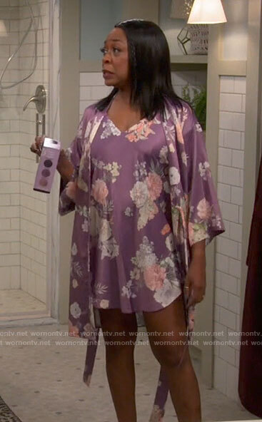 Tina's purple floral slip and robe on The Neighborhood