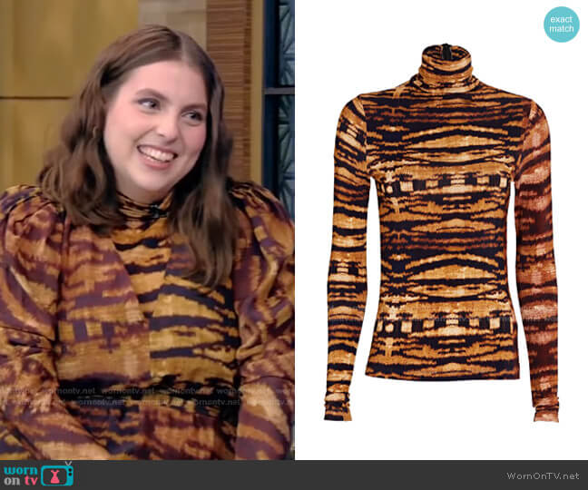 Aurelia Tigers Eye Mesh Turtleneck Top by Ulla Johnson worn by Beanie Feldstein on Live with Kelly and Ryan