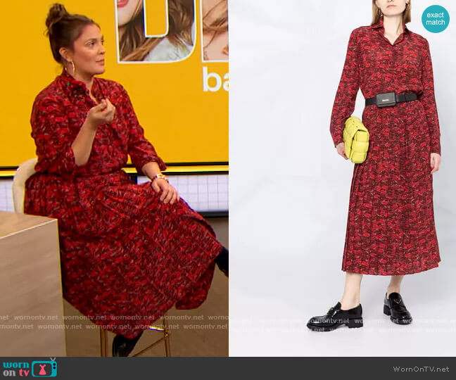 Lip Print Silk Shirt and Skirt by Valentino worn by Drew Barrymore on The Drew Barrymore Show