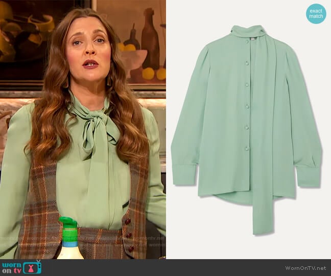 Pussy-bow tie neck blouse by Valentino worn by Drew Barrymore on The Drew Barrymore Show