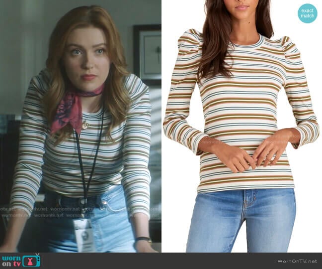 Britney Puff-Sleeve Striped Top by Veronica Beard worn by Nancy Drew (Kennedy McMann) on Nancy Drew