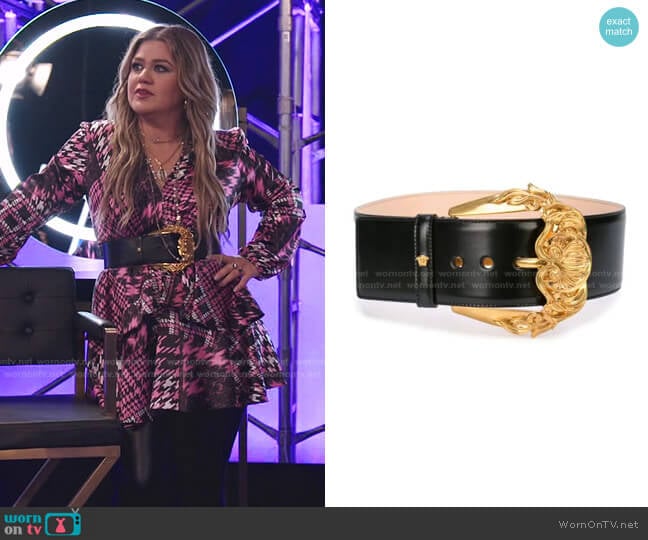 Runway Wide Leather Belt with Golden Buckle by Versace worn by Kelly Clarkson on The Voice