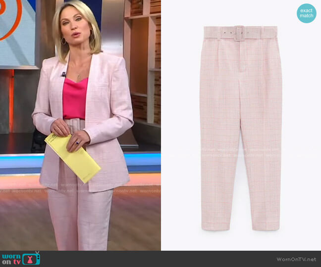 Plaid Pants with Lined Belt by Zara worn by Amy Robach on Good Morning America