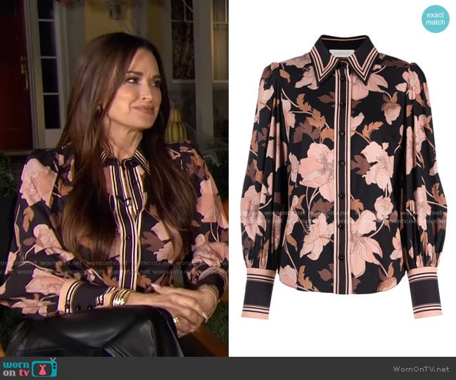 Floral-Print Silk Blouse by Zimmermann worn by Kyle Richards on E! News Daily Pop 