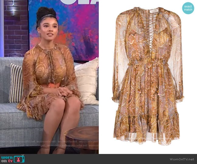 Concert lace-up paisley-print dress by Zimmermann worn by Malia Baker on The Kelly Clarkson Show