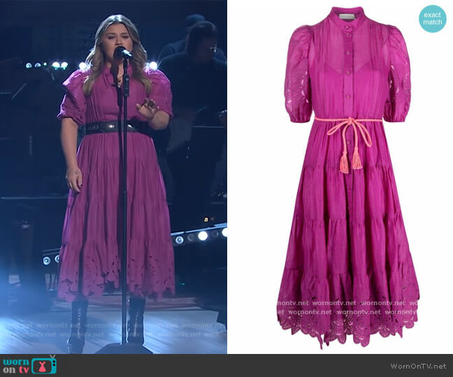 Teddy embroidered ramie midi dress by Zimmermann worn by Kelly Clarkson on The Kelly Clarkson Show