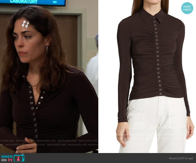 Larsen Ruched Polo Top by A.L.C. worn by Britt Westbourne (Kelly Thiebaud) on General Hospital