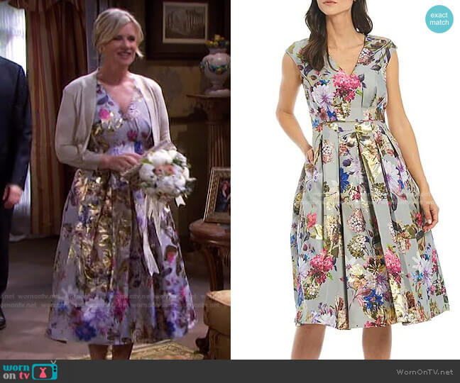 V-Neck Cap Sleeve Metallic Floral Brocade Pleated Dress by Aidan Mattox worn by Kayla Brady (Mary Beth Evans) on Days of our Lives