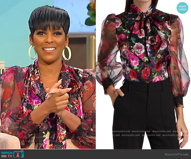 Brentley Floral Tie Neck Sheer Blouse by Alice + Olivia worn by Tamron Hall on Tamron Hall Show