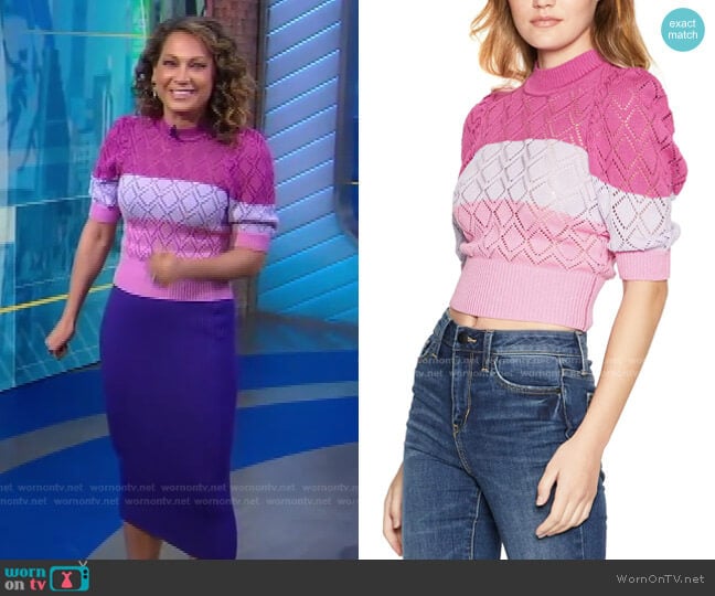 Striped Puff-Sleeve Mock-Neck Sweater by BCBGeneration worn by Ginger Zee on Good Morning America