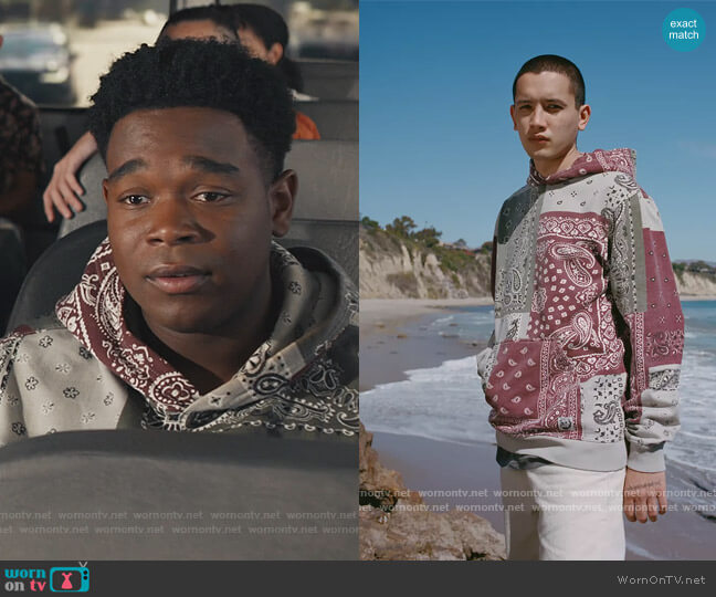 Washed Paisley Bandana Hoodie Sweatshirt by BDG worn by DeVante (Dexter Darden) on Saved By The Bell