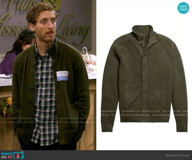 Banana Republic Cedar Olive Green Organic Cotton Sweater Jacket  worn by Drew Dunbar (Thomas Middleditch) on B Positive