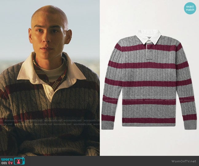 Twill-Trimmed Striped Cable-Knit Wool-Blend Sweater by Beams Plus worn by  Akeno Menzies (Evan Mock) on Gossip Girl