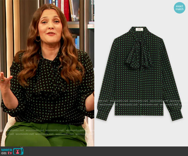 Blouse with Jabot in Crepe de Chine by Celine worn by Drew Barrymore on The Drew Barrymore Show