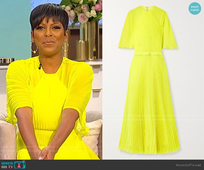 Pleated neon silk-chiffon maxi dress by Brandon Maxwell worn by Tamron Hall on Tamron Hall Show