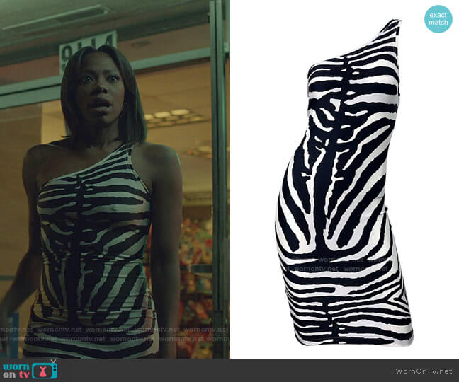 1980s Zebra Black and White 1 Shoulder Vintage Dress by Patrick Kelly worn by Molly Carter (Yvonne Orji) on Insecure