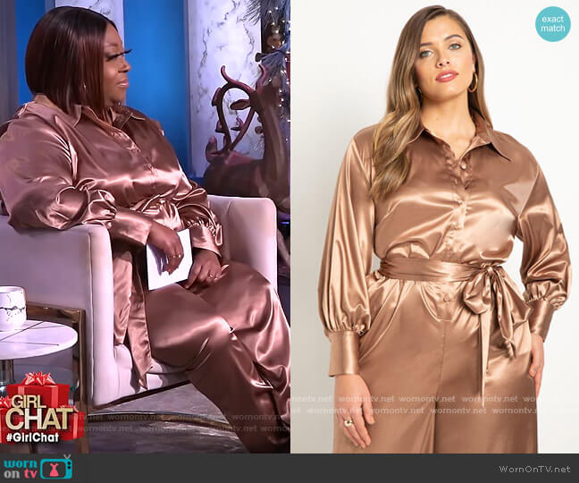 Satin Wide Leg Button Front Jumpsuit by Eloquii worn by Loni Love on The Real