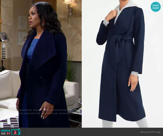 Express Wool-Blend Belted Shawl Collar Wrap Coat worn by Amanda Sinclair (Mishael Morgan) on The Young & the Restless