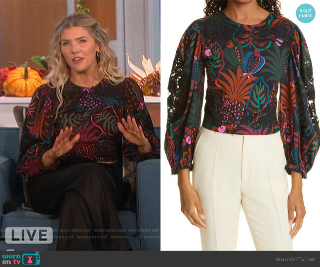 Frutis Dream Puff-Sleeve Blouse by Farm Rio worn by Amanda Kloots on The Talk