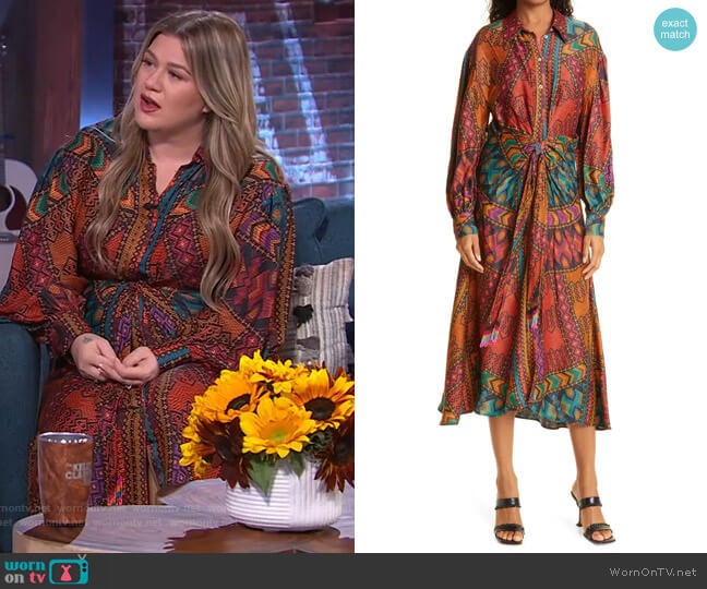 Balloon-Sleeve Stripes Midi Dress by Farm Rio worn by Kelly Clarkson on The Kelly Clarkson Show