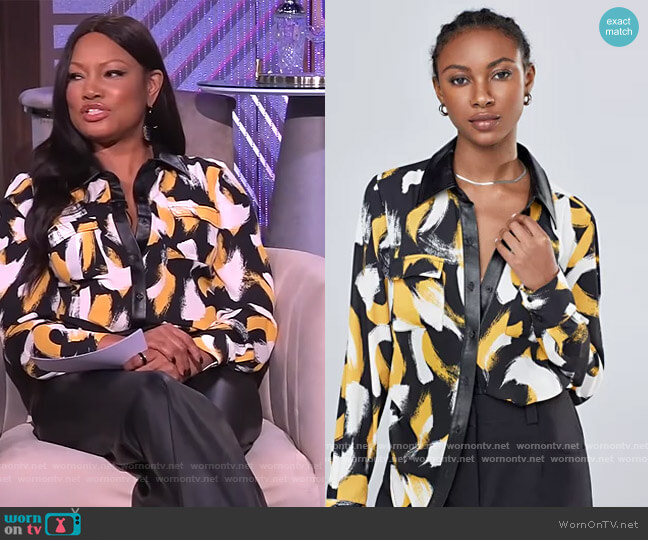 Gold Printed Button Down Shirt by Gabrielle Union worn by Garcelle Beauvais on The Real