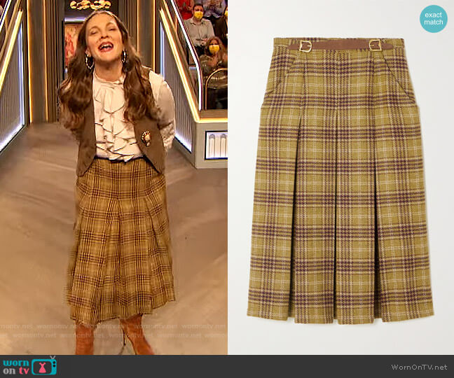 The Adriana leather-trimmed pleated checked wool skirt by Giuliva Heritage worn by Drew Barrymore on The Drew Barrymore Show