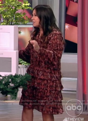 Gretta Monahan's burgundy floral ruffle dress on The View