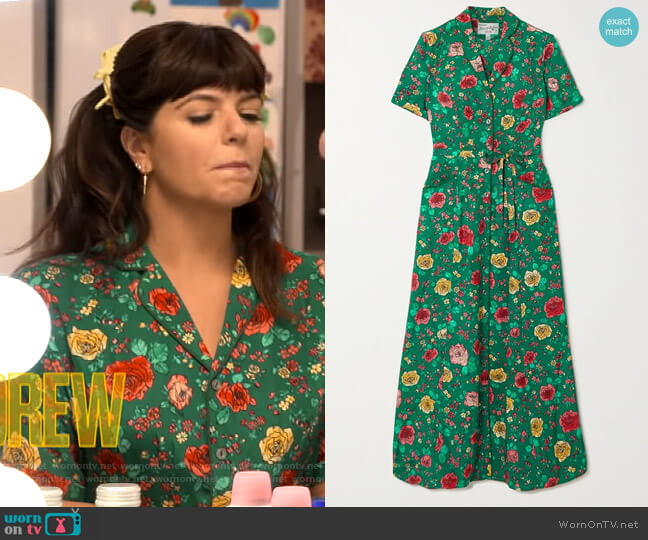 Maria belted floral-print silk maxi shirt dress by HVN worn by Casey Wilson on The Drew Barrymore Show