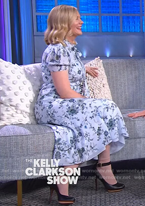 Kirsten Dunst’s blue floral tie neck dress on The Kelly Clarkson Show